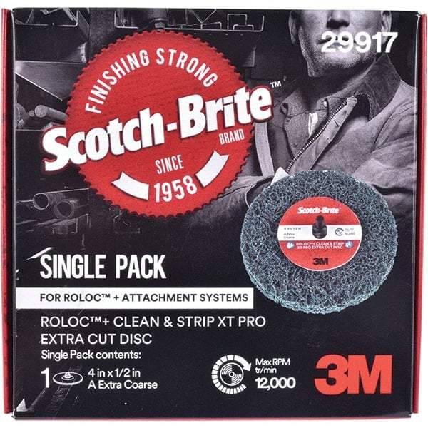 3M - 4" Extra Coarse Grade Aluminum Oxide Deburring Disc - 1/2" Center Hole, Quick Change Connection, Green, 12,000 Max RPM - Eagle Tool & Supply