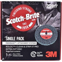 3M - 4" Extra Coarse Grade Aluminum Oxide Deburring Disc - 1/2" Center Hole, Quick Change Connection, Green, 12,000 Max RPM - Eagle Tool & Supply