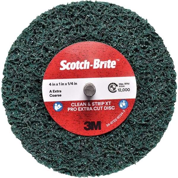 3M - 4" Extra Coarse Grade Aluminum Oxide Deburring Disc - 1/4" Center Hole, Quick Change Connection, Green, 12,000 Max RPM - Eagle Tool & Supply