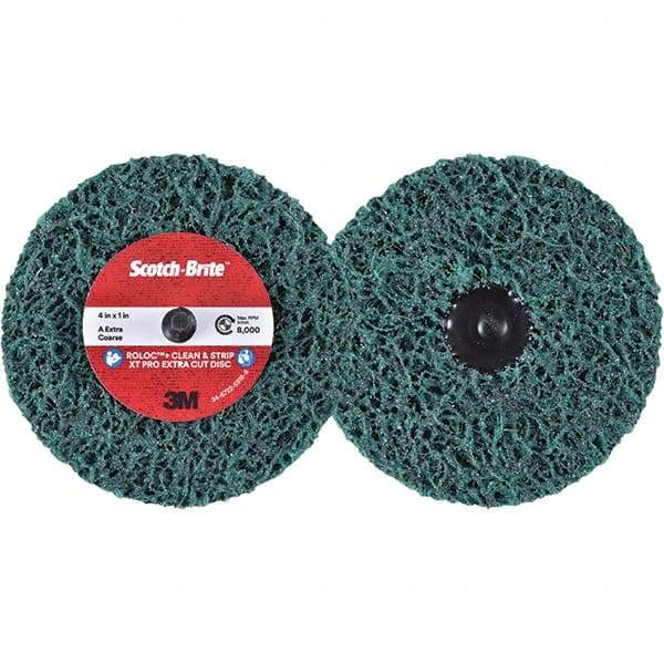 3M - 4" Extra Coarse Grade Aluminum Oxide Deburring Disc - 1" Center Hole, Quick Change Connection, Green, 8,000 Max RPM - Eagle Tool & Supply