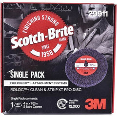 3M - 4" Extra Coarse Grade Silicon Carbide Deburring Disc - 1/2" Center Hole, Quick Change Connection, Purple, 12,000 Max RPM - Eagle Tool & Supply