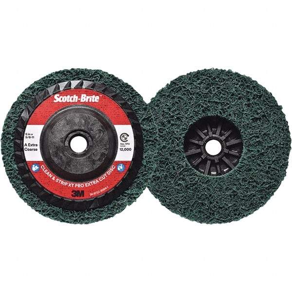 3M - 5" Extra Coarse Grade Aluminum Oxide Deburring Disc - 5/8-11 Threaded Center Hole, Quick Change Connection, Green, 12,000 Max RPM - Eagle Tool & Supply