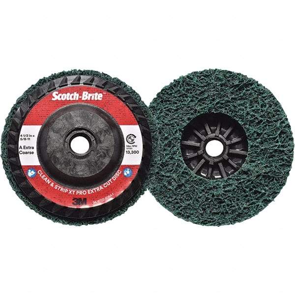 3M - 4-1/2" Extra Coarse Grade Aluminum Oxide Deburring Disc - 5/8-11 Threaded Center Hole, Quick Change Connection, Green, 13,300 Max RPM - Eagle Tool & Supply