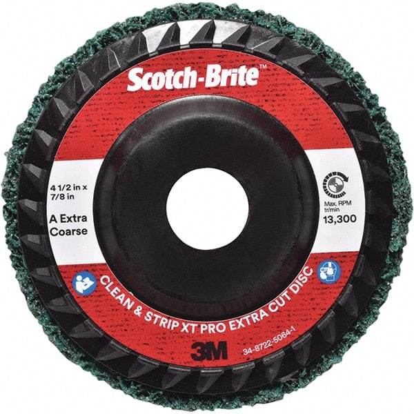 3M - 4-1/2" Extra Coarse Grade Aluminum Oxide Deburring Disc - 7/8" Center Hole, Quick Change Connection, Green, 13,300 Max RPM - Eagle Tool & Supply