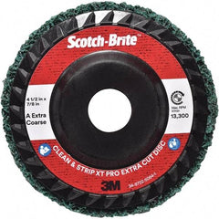 3M - 4-1/2" Extra Coarse Grade Aluminum Oxide Deburring Disc - 7/8" Center Hole, Quick Change Connection, Green, 13,300 Max RPM - Eagle Tool & Supply