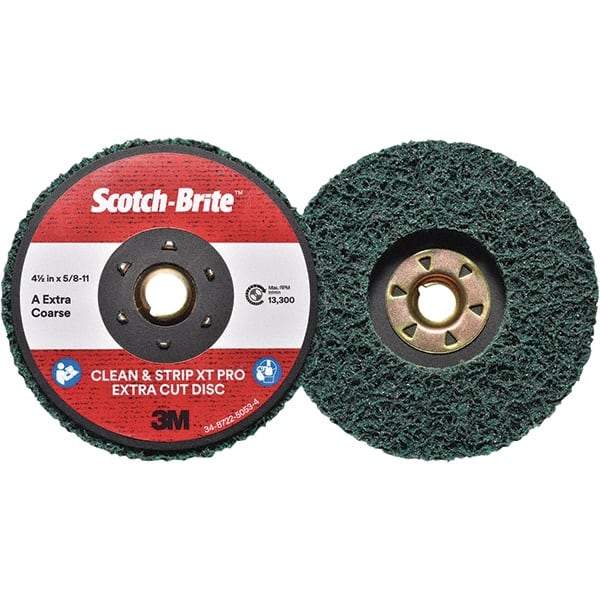 3M - 4-1/2" Extra Coarse Grade Aluminum Oxide Deburring Disc - 5/8-11 Threaded Center Hole, Quick Change Connection, Green, 13,300 Max RPM - Eagle Tool & Supply
