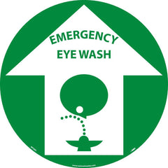 NMC - Adhesive Backed Floor Signs; Message Type: Restroom, Janitorial & Housekeeping ; Graphic Type: Head over Eye Wash ; Message or Graphic: Message & Graphic ; Legend: Emergency Eyewash ; Color: Green; White ; Special Color Properties: No Special Prope - Exact Industrial Supply
