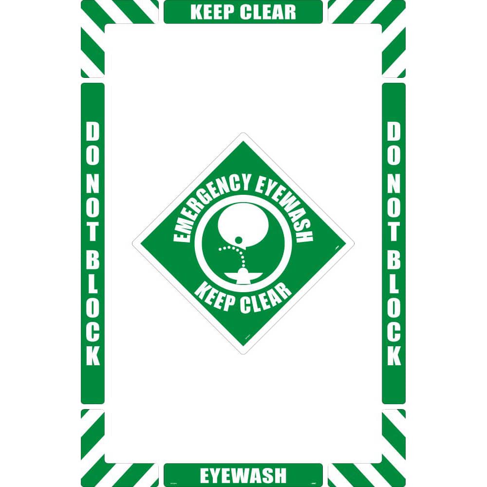 NMC - Adhesive Backed Floor Signs; Message Type: First Aid ; Graphic Type: Head over Eye Wash ; Message or Graphic: Message & Graphic ; Legend: Emergency Eyewash Keep Clear ; Color: Green; White ; Special Color Properties: No Special Properties - Exact Industrial Supply