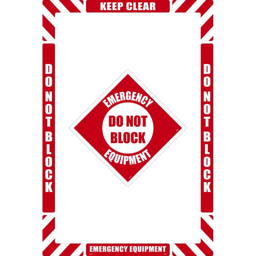 NMC - Adhesive Backed Floor Signs; Message Type: Accident Prevention ; Graphic Type: None ; Message or Graphic: Message Only ; Legend: Emergency Equipment Do Not Block ; Color: Red; White ; Special Color Properties: No Special Properties - Exact Industrial Supply