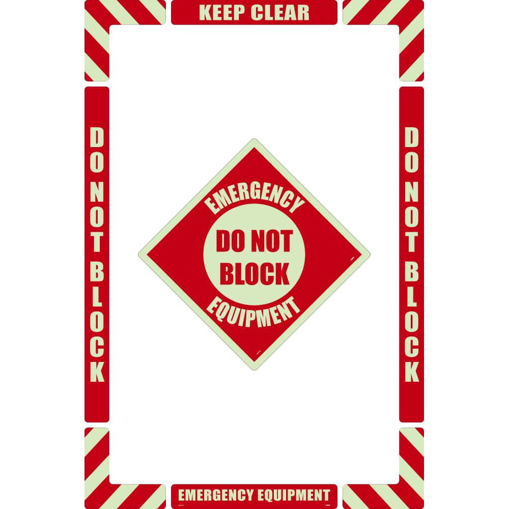 NMC - Adhesive Backed Floor Signs; Message Type: Accident Prevention ; Graphic Type: None ; Message or Graphic: Message Only ; Legend: Emergency Equipment Do Not Block ; Color: Red on Glow ; Special Color Properties: Glow-In-The-Dark - Exact Industrial Supply