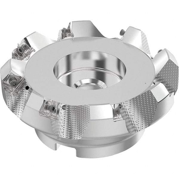 Seco - 5" Cut Diam, 1-1/2" Arbor Hole, 0.236" Max Depth of Cut, 48° Indexable Chamfer & Angle Face Mill - 8 Inserts, SN.. Insert, Right Hand Cut, 8 Flutes, Through Coolant, Series R220.54 - Eagle Tool & Supply