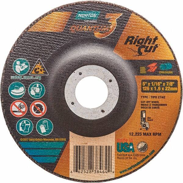 Norton - 36 Grit, 5" Wheel Diam, 1/16" Wheel Thickness, 7/8" Arbor Hole, Type 27 Depressed Center Wheel - Coarse Grade, Ceramic Alumina, Resinoid Bond, 12,225 Max RPM - Eagle Tool & Supply