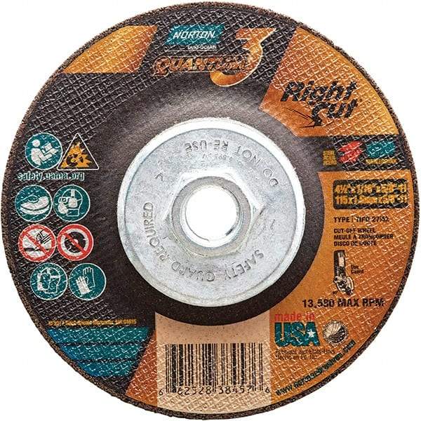 Norton - 36 Grit, 4-1/2" Wheel Diam, 1/16" Wheel Thickness, Type 27 Depressed Center Wheel - Coarse Grade, Ceramic Alumina, Resinoid Bond, 13,580 Max RPM - Eagle Tool & Supply