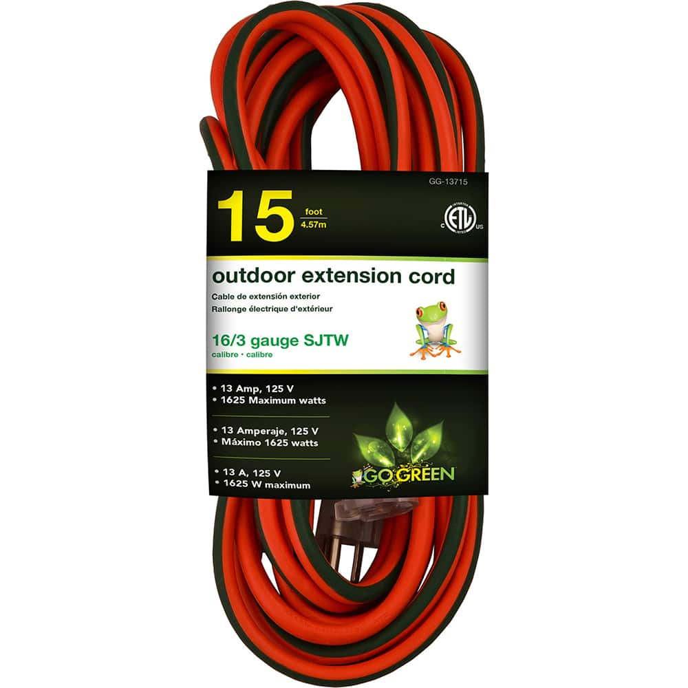 Power Cords; Cord Type: Extension Cord; Overall Length (Feet): 15; Cord Color: Orange; Amperage: 13; Voltage: 125; Recommended Environment: Outdoor; Number Of Prongs: 3; Number Of Receptacles: 1; Overall Length: 15 ft