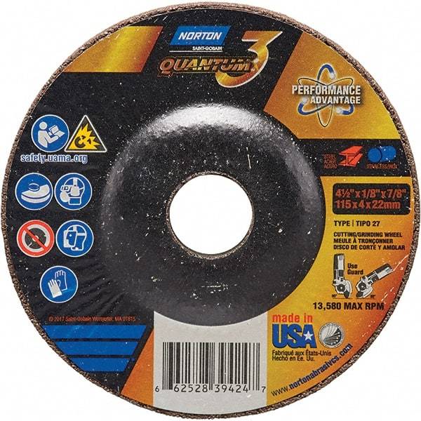 Norton - 24 Grit, 4-1/2" Wheel Diam, 1/8" Wheel Thickness, 7/8" Arbor Hole, Type 27 Depressed Center Wheel - Coarse Grade, Ceramic, Resinoid Bond, 13,580 Max RPM - Eagle Tool & Supply