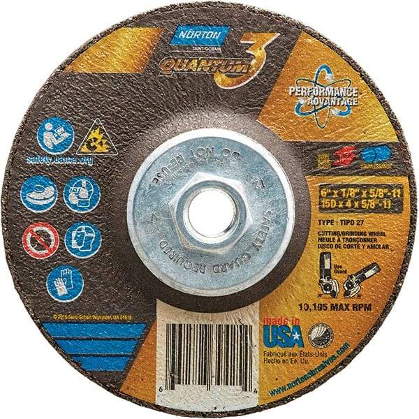 Norton - 24 Grit, 6" Wheel Diam, 1/8" Wheel Thickness, 5/8" Arbor Hole, Type 27 Depressed Center Wheel - Coarse Grade, Ceramic, Resinoid Bond, 10,185 Max RPM - Eagle Tool & Supply