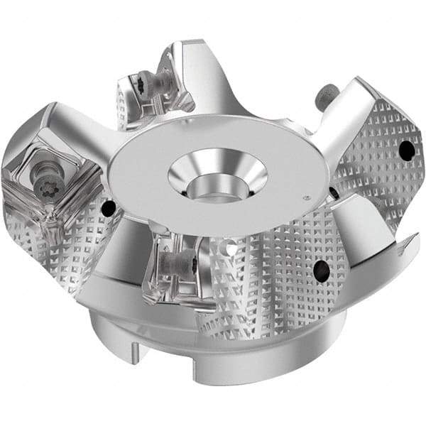 Seco - 2-1/2" Cut Diam, 3/4" Arbor Hole, 0.236" Max Depth of Cut, 48° Indexable Chamfer & Angle Face Mill - 5 Inserts, SN.. Insert, Right Hand Cut, 5 Flutes, Through Coolant, Series R220.54 - Eagle Tool & Supply