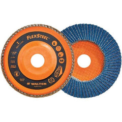 WALTER Surface Technologies - 80 Grit, 7" Disc Diam, 7/8" Center Hole, Type 27 Zirconia Alumina Flap Disc - 8,600 Max RPM, Poly Cotton Backing, Threaded Hole Attaching System, Coated - Eagle Tool & Supply