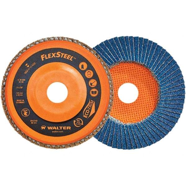 WALTER Surface Technologies - 60 Grit, 6" Disc Diam, 7/8" Center Hole, Type 27 Zirconia Alumina Flap Disc - 10,200 Max RPM, Poly Cotton Backing, Threaded Hole Attaching System, Coated - Eagle Tool & Supply