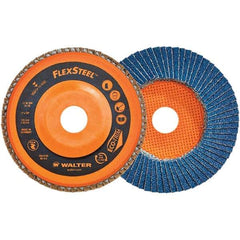 WALTER Surface Technologies - 60 Grit, 6" Disc Diam, 7/8" Center Hole, Type 27 Zirconia Alumina Flap Disc - 10,200 Max RPM, Poly Cotton Backing, Threaded Hole Attaching System, Coated - Eagle Tool & Supply