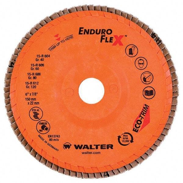 WALTER Surface Technologies - 40 Grit, 6" Disc Diam, 7/8" Center Hole, Type 27 Zirconia Alumina Flap Disc - 10,200 Max RPM, Poly Cotton Backing, Threaded Hole Attaching System, Coated - Eagle Tool & Supply