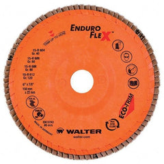 WALTER Surface Technologies - 40 Grit, 6" Disc Diam, 7/8" Center Hole, Type 27 Zirconia Alumina Flap Disc - 10,200 Max RPM, Poly Cotton Backing, Threaded Hole Attaching System, Coated - Eagle Tool & Supply