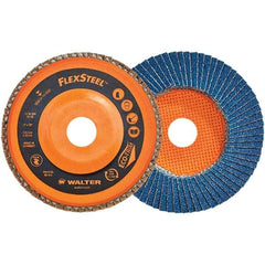 WALTER Surface Technologies - 60 Grit, 7" Disc Diam, 7/8" Center Hole, Type 27 Zirconia Alumina Flap Disc - 8,600 Max RPM, Poly Cotton Backing, Threaded Hole Attaching System, Coated - Eagle Tool & Supply