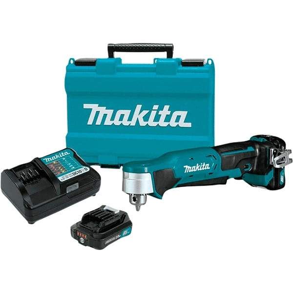 Makita - 12 Volt 3/8" Chuck Right Angle Handle Cordless Drill - 0-1100 RPM, Keyless Chuck, Reversible, 2 Lithium-Ion Batteries Included - Eagle Tool & Supply