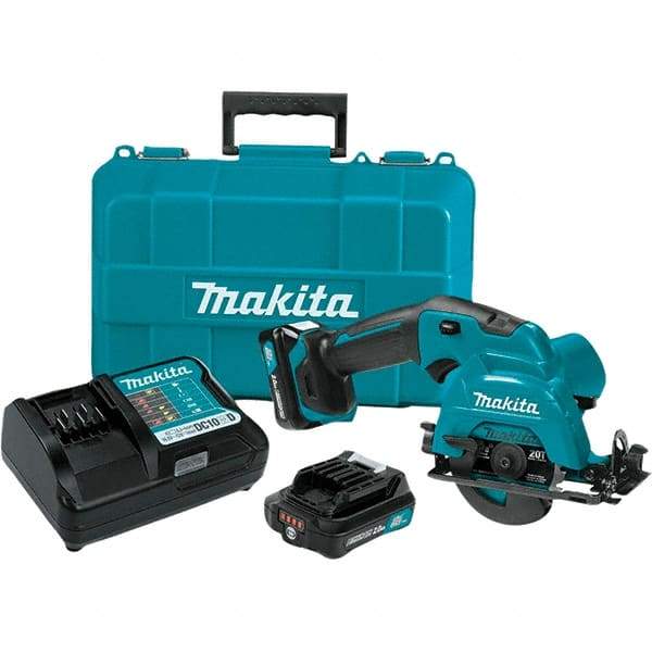 Makita - 12 Volt, 3-3/8" Blade, Cordless Circular Saw - 1,500 RPM, 2 Lithium-Ion Batteries Included - Eagle Tool & Supply