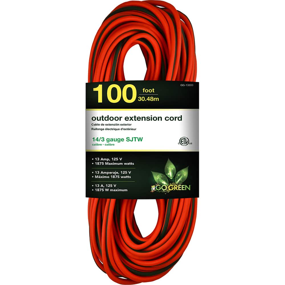 GoGreen Power - Power Cords; Cord Type: Extension Cord ; Overall Length (Feet): 100 ; Cord Color: Orange ; Amperage: 13 ; Voltage: 125 ; Wire Gauge/Number of Conductors: 14/3 - Exact Industrial Supply