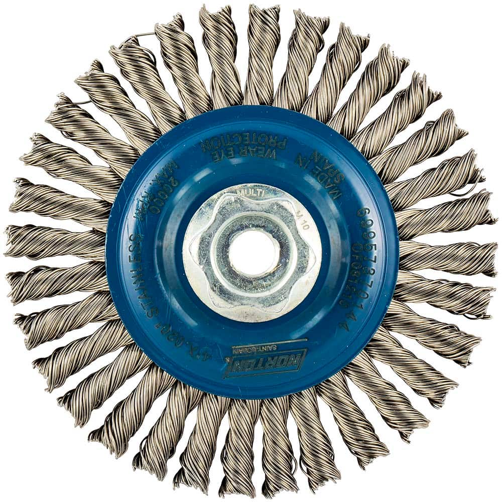 Norton - 4" OD, M10 Arbor Hole, Stringer Bead Twist Knot Stainless Steel Wheel Brush - Eagle Tool & Supply