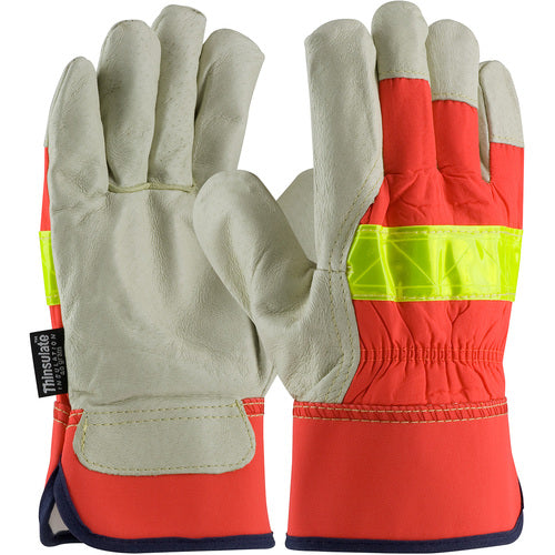 ‎125-458/XL Leather Palm Gloves - Hi-Vis Fabric - Rubberized SC - 3M Thinsulate Lining - Grain Pigskin - Exact Industrial Supply