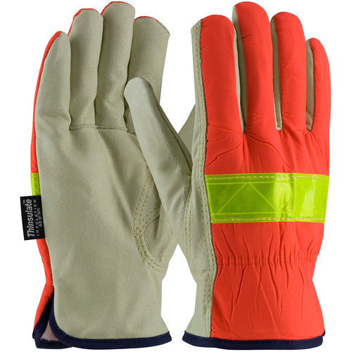 ‎125-468/XL Leather Drivers Gloves - Hi-Vis Fabric - 3M Thinsulate Lining w/Pigskin Palm - Keystone Thumb - Exact Industrial Supply