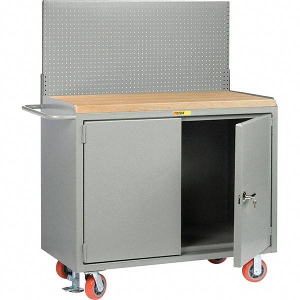 Little Giant - 3,600 Lb Capacity, 2 Shelf, 2 Door Mobile Bench Cabinet with Pegboard Panel - 53" Wide x 24" Deep x 43" High, Steel - Eagle Tool & Supply