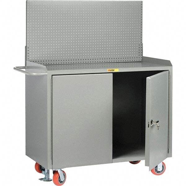 Little Giant - 3,600 Lb Capacity, 2 Shelf, 2 Door Mobile Bench Cabinet with Pegboard Panel - 53" Wide x 24" Deep x 43" High, Steel - Eagle Tool & Supply