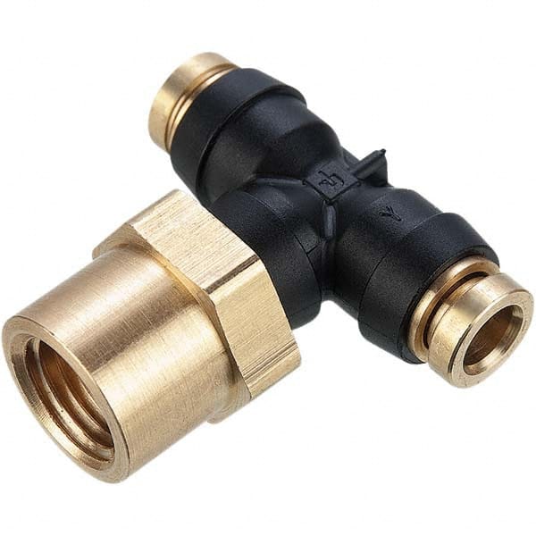 Parker - Plastic Push-To-Connect Tube Fittings Type: Female Branch Tee Swivel Tube Outside Diameter (Inch): 1/4 x 1/4 - Eagle Tool & Supply