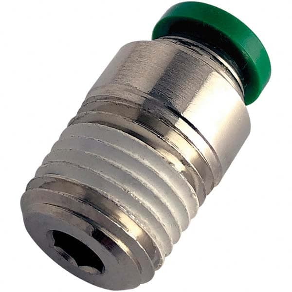 Push-to-Connect x MNPT & Tube to Male NPT Tube Fitting: Round Body Male Connector, 1/4″ Thread, 1/4″ OD Nickel-Plated Brass, 300 psi