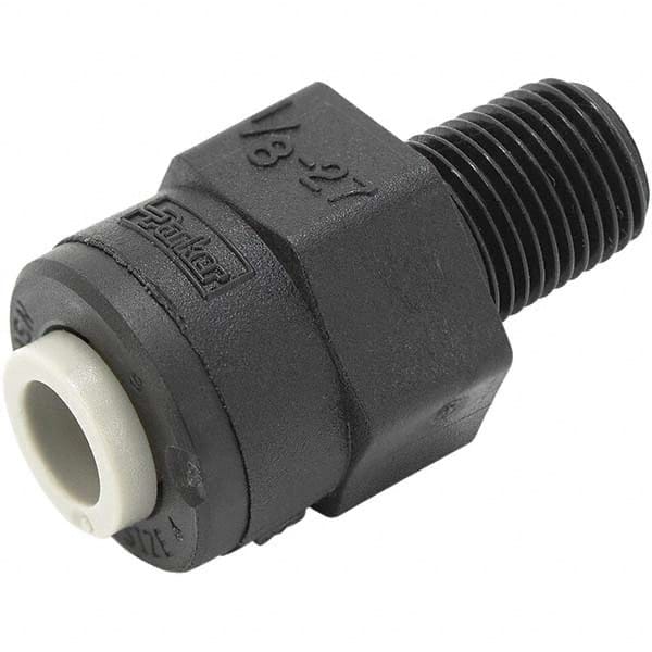 Push-To-Connect Tube to Pipe Tube Fitting: Connector, 3/8″ Thread, 1/2 x 3/8″ OD Polypropylene, 150 psi