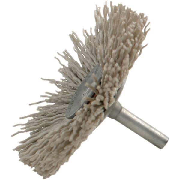 Brush Research Mfg. - 180 Grit, 1-1/2" Brush Diam, Crimped, Flared End Brush - Medium Grade, 1/4" Diam Steel Shank, 2,500 Max RPM - Eagle Tool & Supply