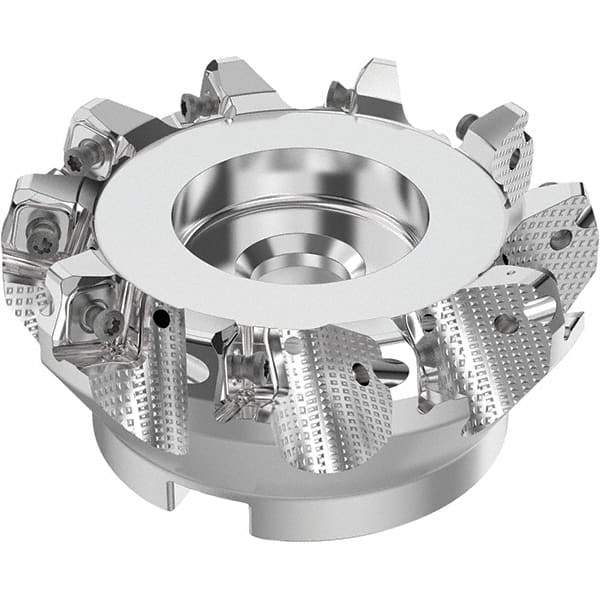 Seco - 4" Cut Diam, 1-1/2" Arbor Hole, 0.315" Max Depth of Cut, 71° Indexable Chamfer & Angle Face Mill - 10 Inserts, SN.. Insert, Right Hand Cut, 10 Flutes, Through Coolant, Series R220.56 - Eagle Tool & Supply