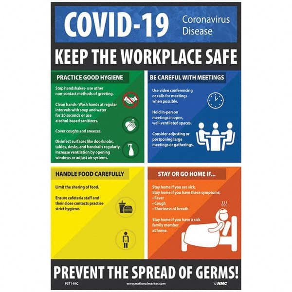 NMC - "COVID 19 - Keep the Workplace Safe", 12" Wide x 18" High, Vinyl Safety Sign - Eagle Tool & Supply