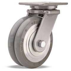 Swivel Top Plate Caster: Polyurethane on Aluminum, 6″ Wheel Dia, 2″ Wheel Width, 1,500 lb Capacity, 7-1/2″ OAH 5″ Plate Length, 4″ Plate Width, Non-Marking