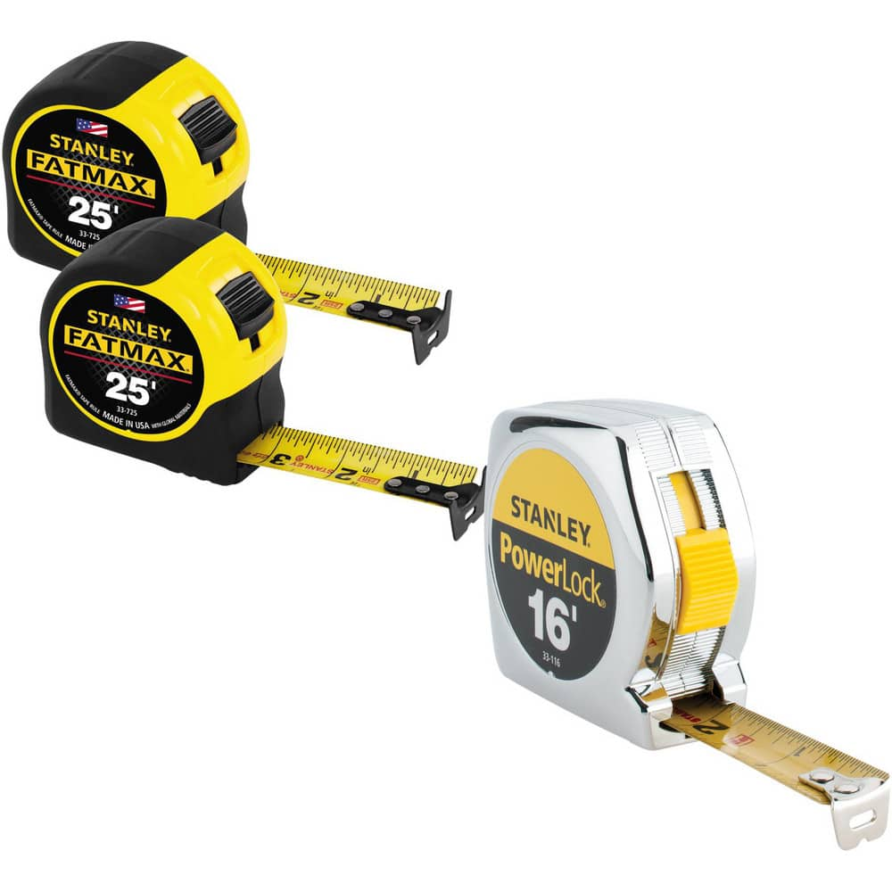 Tape Measure: 25' Long, 1-1/4″ Width, Yellow Blade 1/16″ Graduation, Inch Graduation, Black & Yellow Case