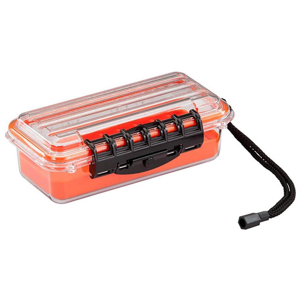 Small Parts Boxes & Organizers; Product Type: Storage Box; Lock Type: Positive Snap; Width (Inch): 5; Depth (Inch): 3; Number of Dividers: 0; Removable Dividers: No; Color: Orange; Clear; Features: wrist lanyard; Dri-Loc O-Ring Seal; Sturdy cam-action lat