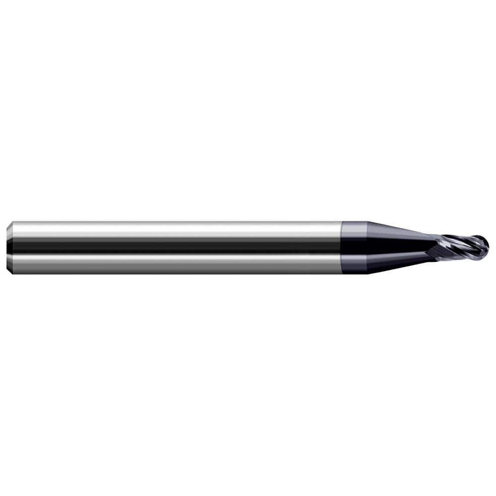 Ball End Mill: 0.02″ Dia, 0.03″ LOC, 3 Flute, Solid Carbide 1-1/2″ OAL, 1/8″ Shank Dia, 30 ° Helix, AlTiN Coated, Single End