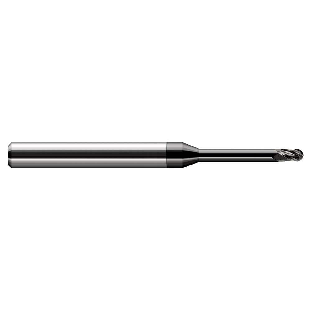 Ball End Mill: 0.1″ Dia, 0.15″ LOC, 3 Flute, Solid Carbide 2-1/2″ OAL, 1/8″ Shank Dia, 30 ° Helix, Amorphous Diamond Coated, Single End