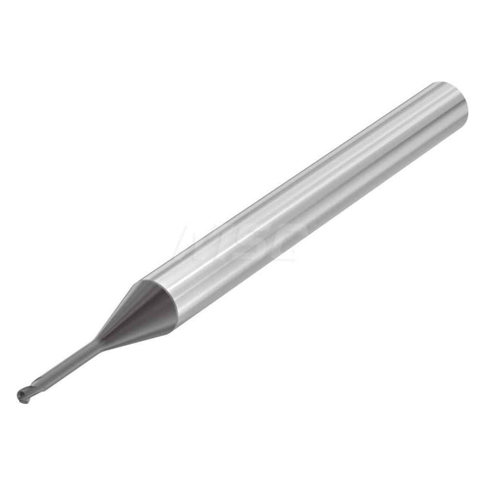 Ball End Mill: 0.0787″ Dia, 0.08″ LOC, 2 Flute, Solid Carbide 50 mm OAL, 30 ° Helix, Uncoated, Single End, Series SMB610