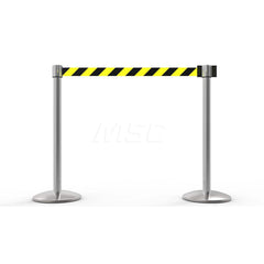 Free Standing Retractable Belt Barrier Post: 40″ High, 2.4″ Dia, Aluminum Post Cast Iron, Black & Yellow