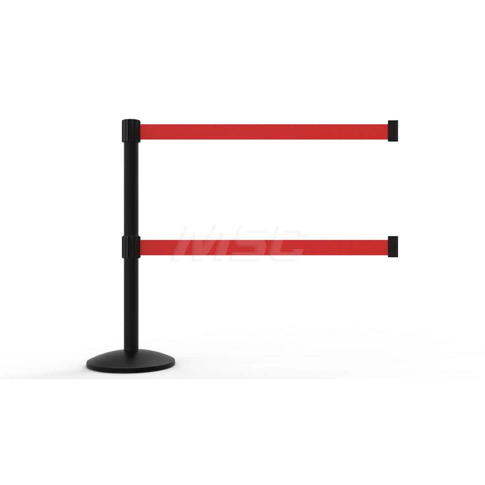 Free Standing Retractable Belt Barrier Post: 40″ High, 2.4″ Dia, Aluminum Post Cast Iron, Black & Red