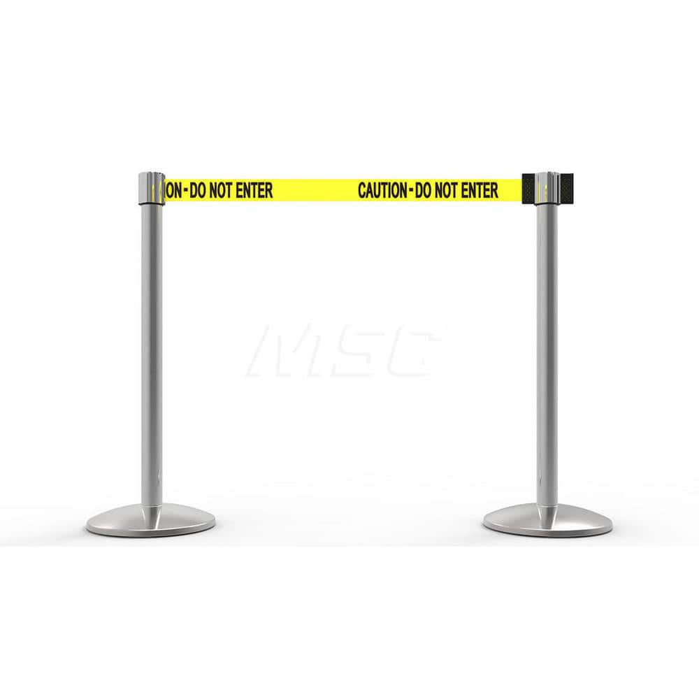 Free Standing Retractable Belt Barrier Post: 40″ High, 2.4″ Dia, Aluminum Post Cast Iron, Black & Yellow